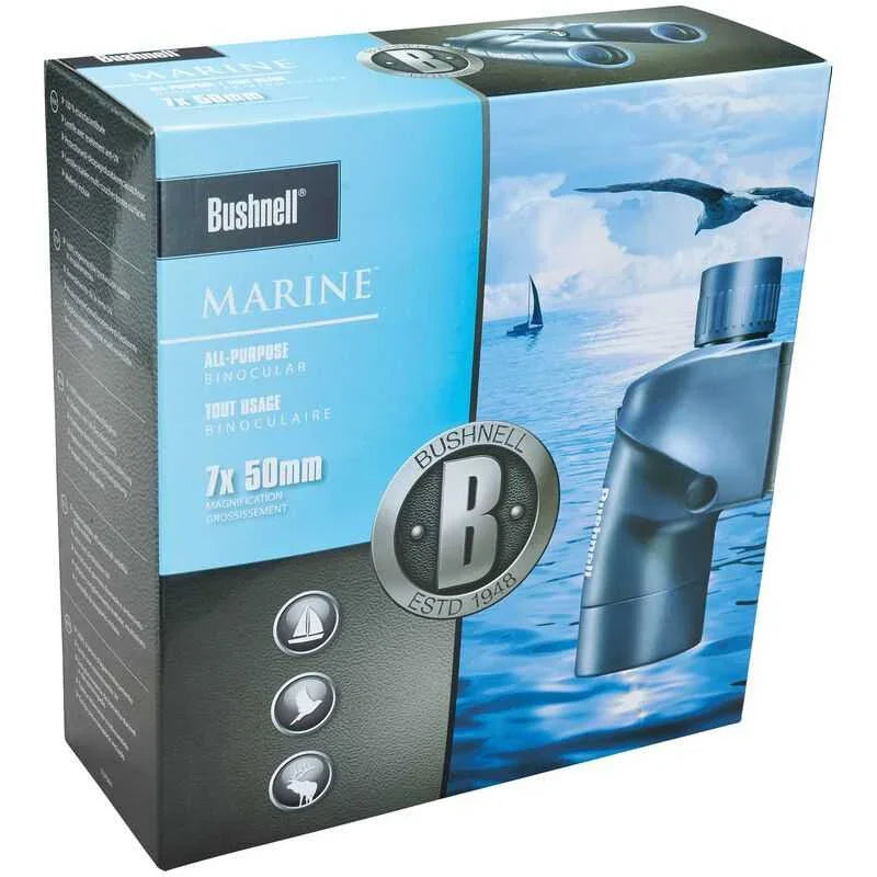 Bushnell Marine 7x50 binoculars box with ocean, sailboat, and seagull graphics