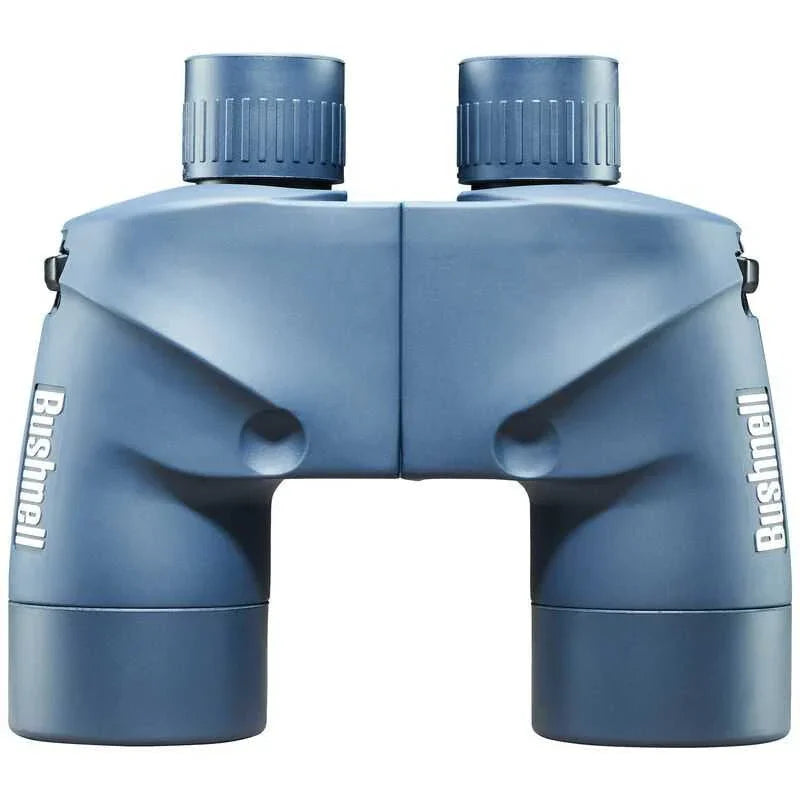 Bushnell Marine 7x50 blue binoculars with textured grip, front view on white background
