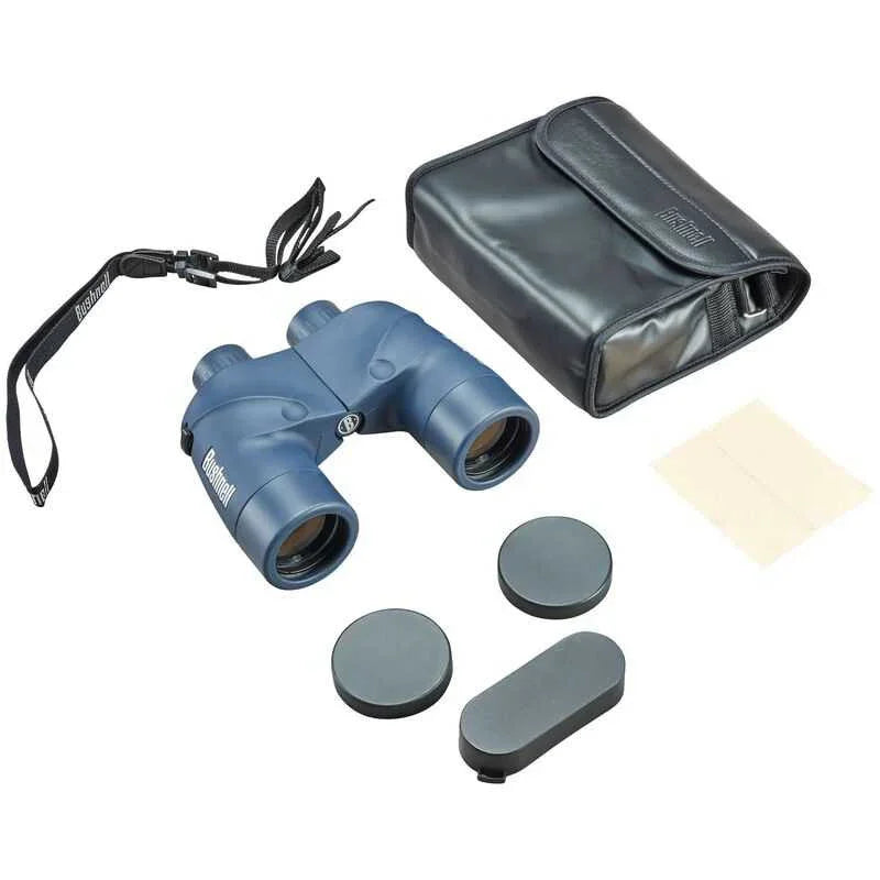 Bushnell Marine 7x50 binoculars with case, lens caps, strap, and cleaning cloth