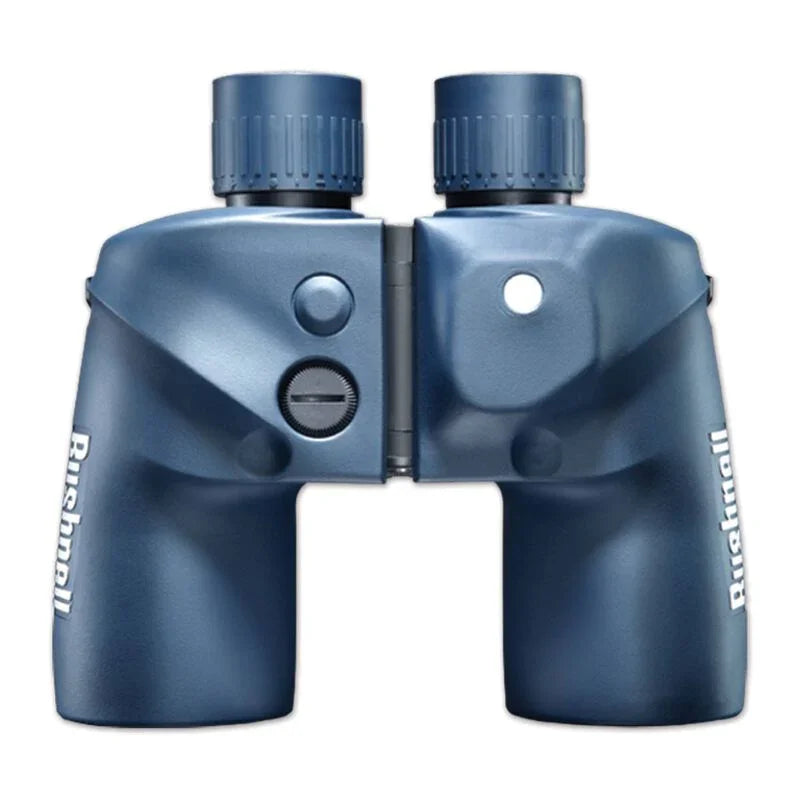 Bushnell blue marine binoculars with central focus knob on white background