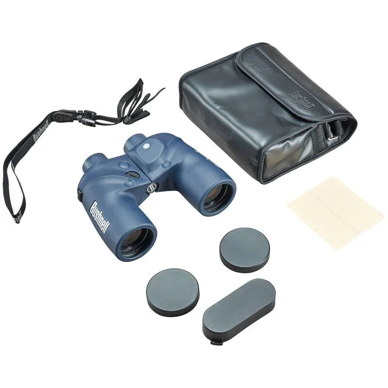 Bushnell marine binoculars set with carrying case, lens caps, strap, and cleaning cloth