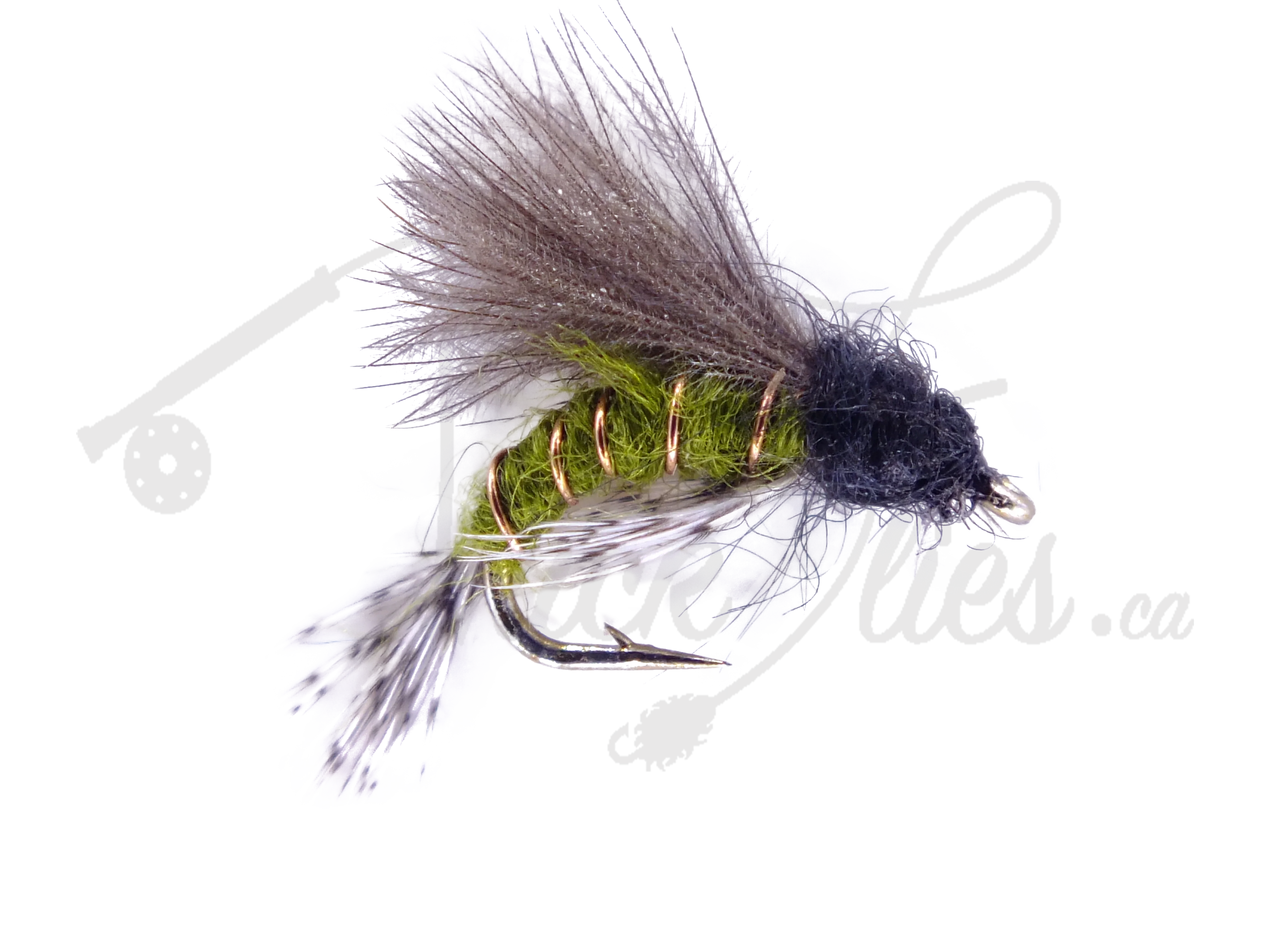 Realistic olive CDC emerger fly fishing lure with feather and copper ribbing detail