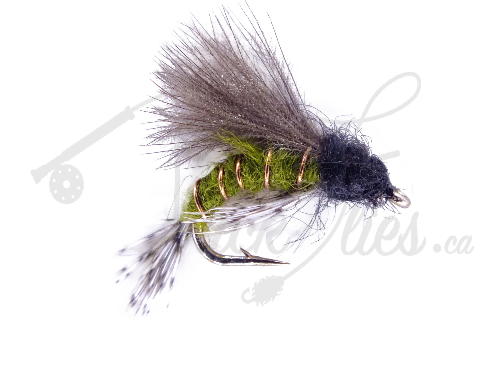 Realistic olive CDC emerger fly fishing lure with feather and copper ribbing detail