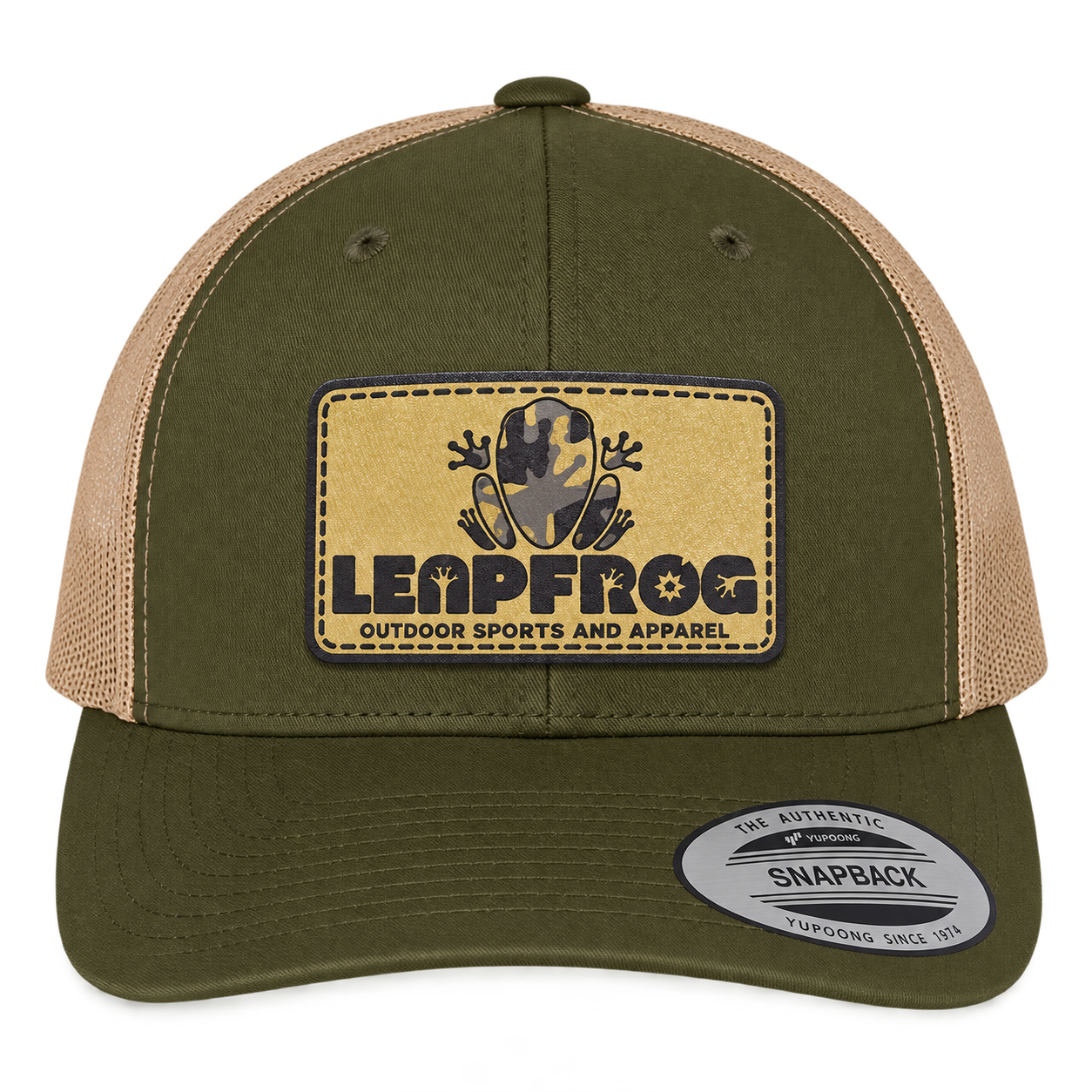 Leapfrog Outdoor Forest Denim trucker hat in Moss and Khaki with laser-engraved leatherette patch