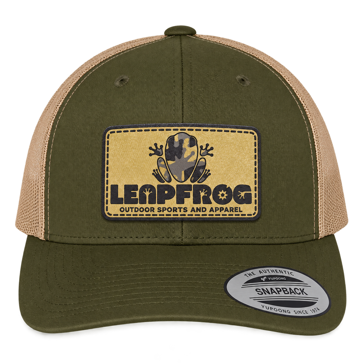 Leapfrog Outdoor Forest Denim trucker hat in Moss and Khaki with laser-engraved leatherette patch