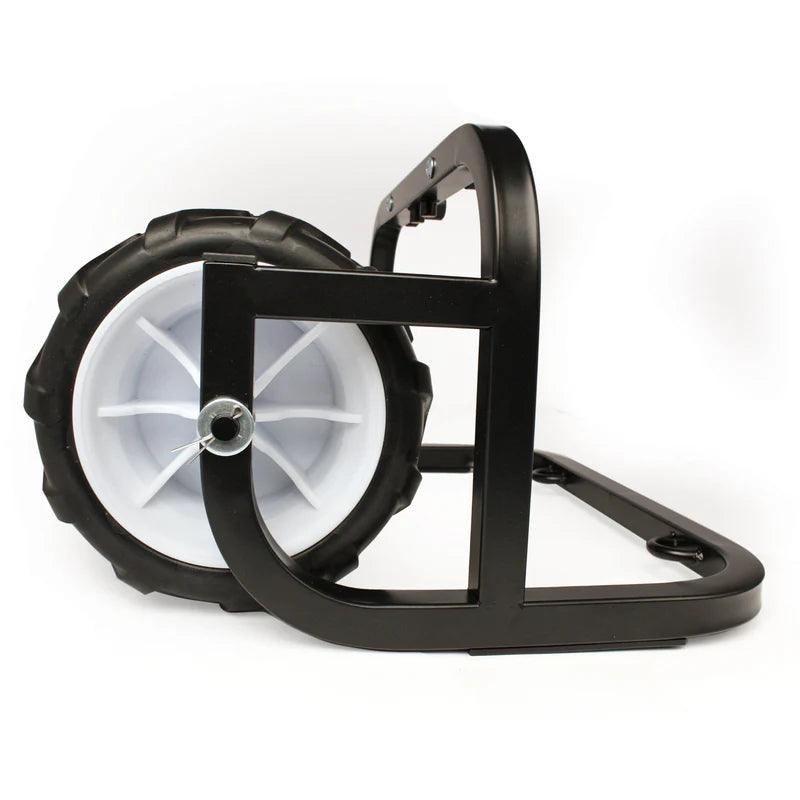 Heavy-duty black metal bracket with a single large plastic utility wheel