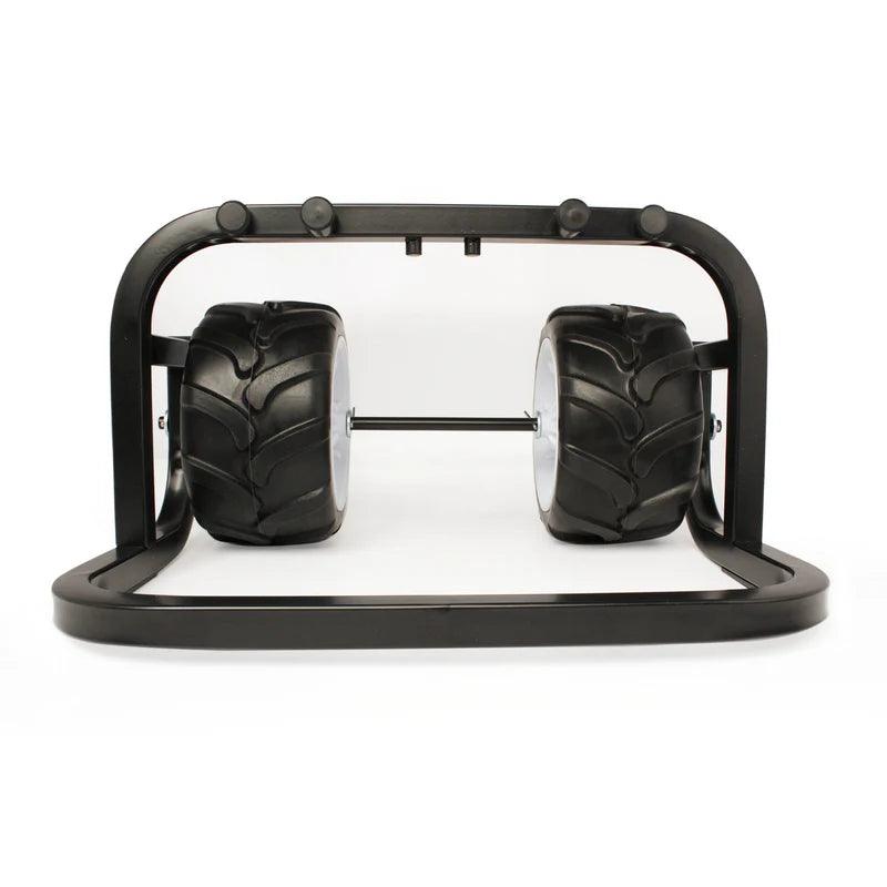 Heavy-duty black metal tire storage rack with two large off-road wheels on a white background.