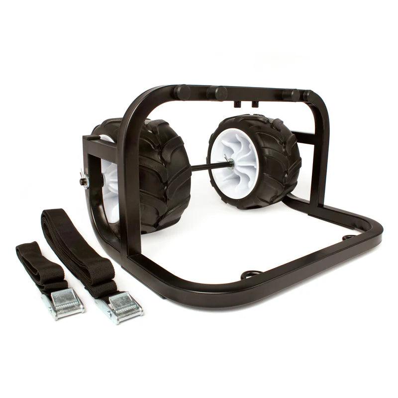 Heavy-duty kayak cart with large black wheels and two securing straps on a white background