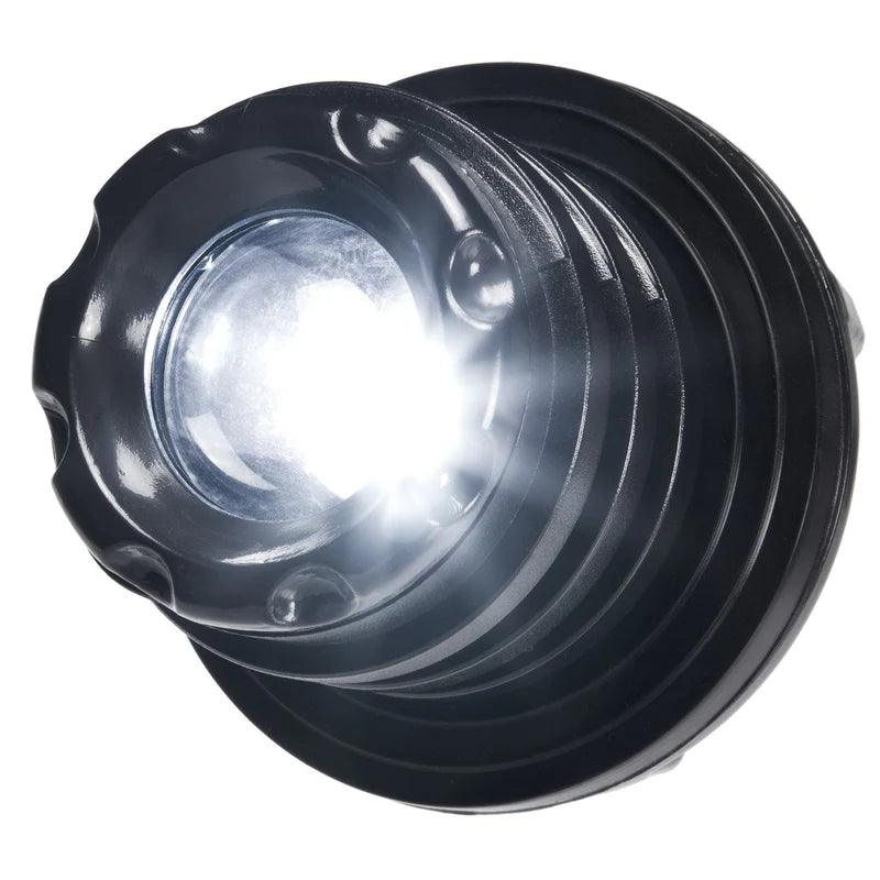 Bright LED bike headlight with black ribbed casing, close-up front view