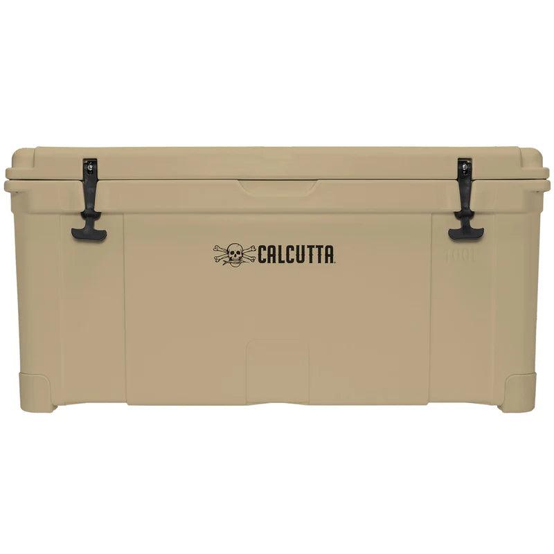 Tan Calcutta cooler with black latches and skull logo, front view