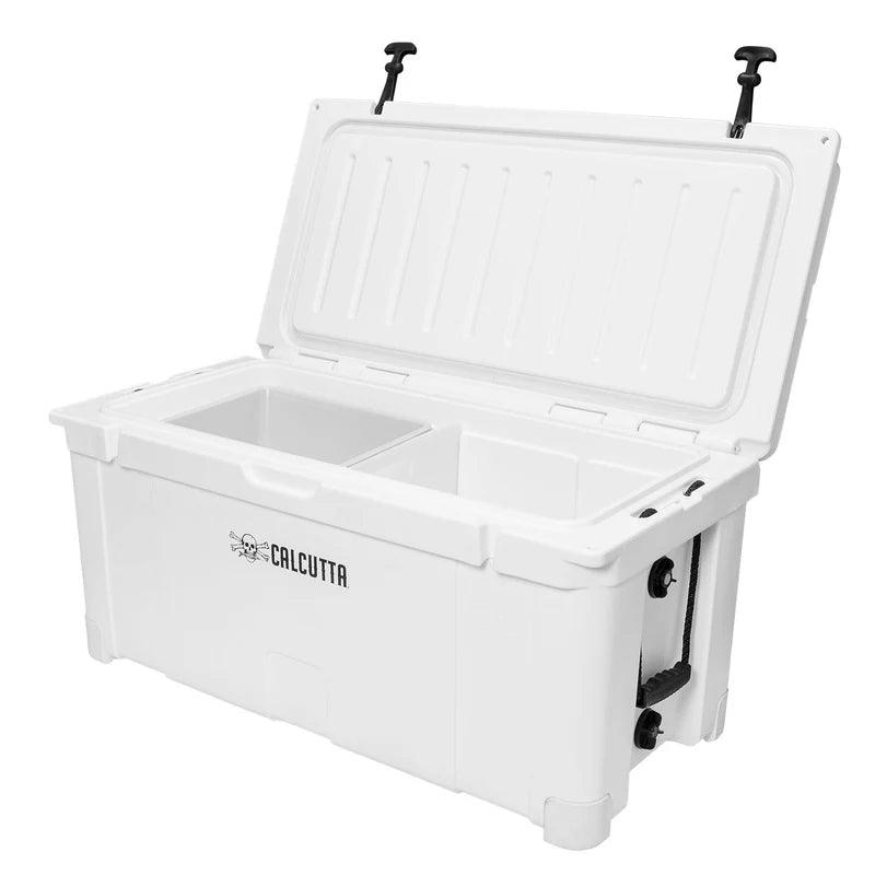 Calcutta white outdoor cooler with open lid and dual compartments