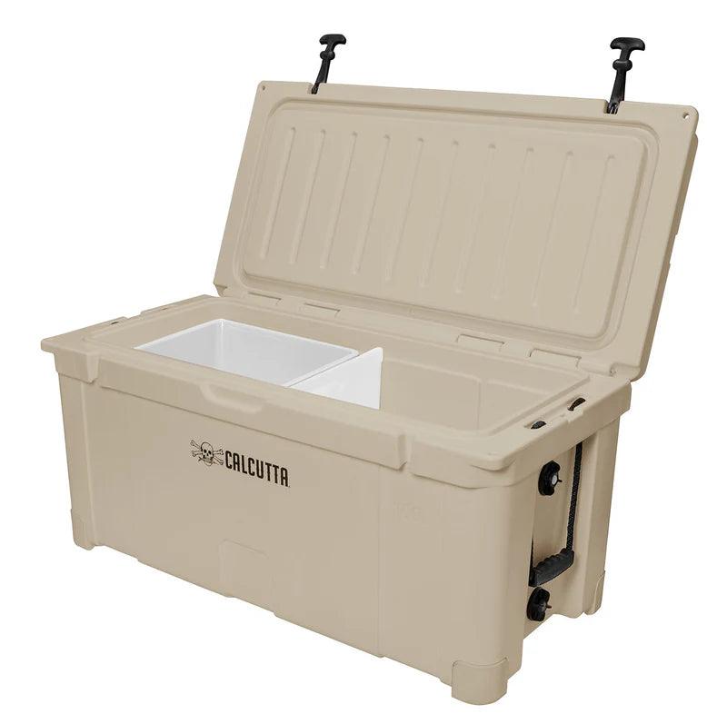 Calcutta tan hard cooler with open lid and white removable basket insert