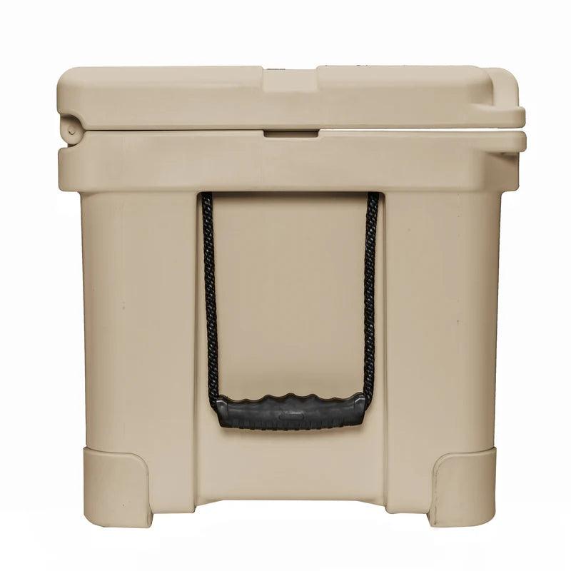 Tan heavy-duty roto-molded cooler with black rope handle, side view, on white background.