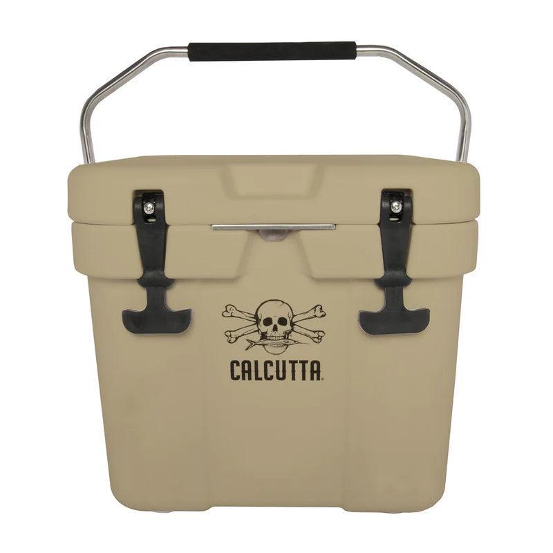 Tan Calcutta cooler with skull and crossbones logo and heavy-duty metal handle