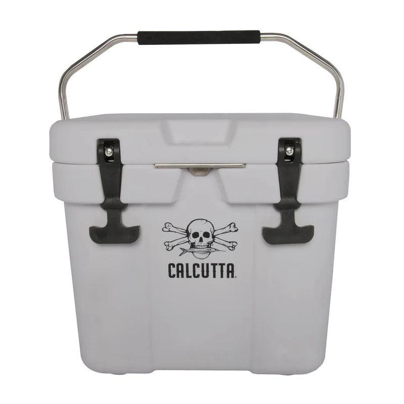 Calcutta white cooler with skull and crossbones logo and metal handle