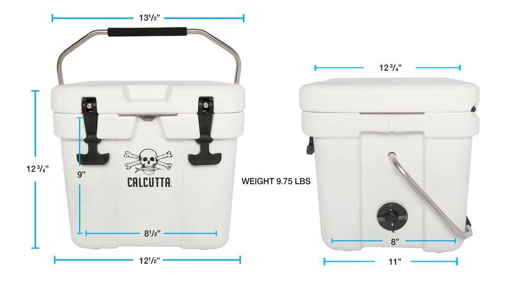 Calcutta 11L white cooler with handle, skull logo, latch closures, and labeled dimensions
