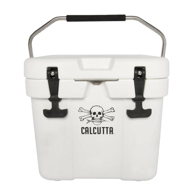 White Calcutta cooler with skull and crossbones logo, black latches, and metal handle