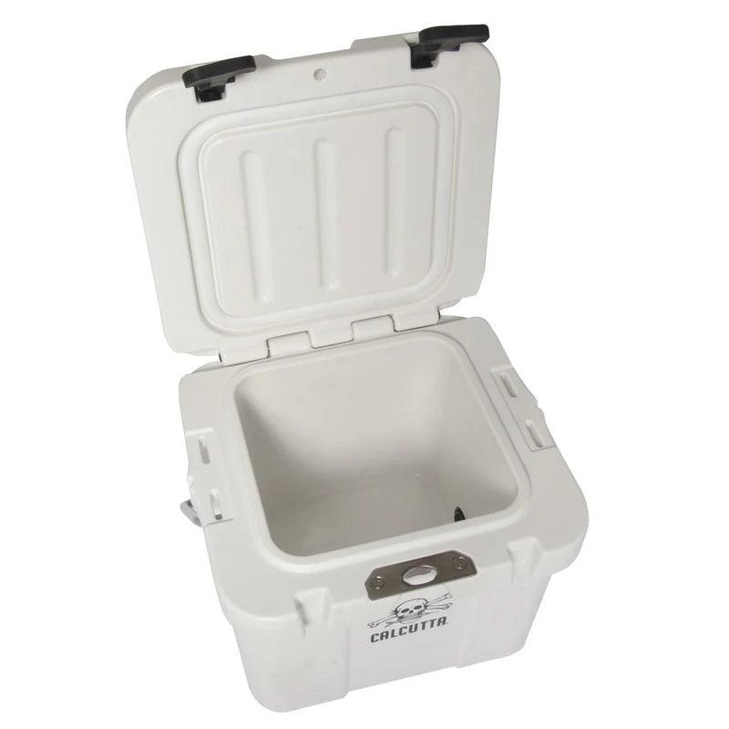 White Calcutta cooler with open lid and skull logo, outdoor ice chest storage