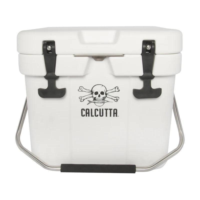 White Calcutta cooler with skull and crossbones logo, black latches, and metal handle