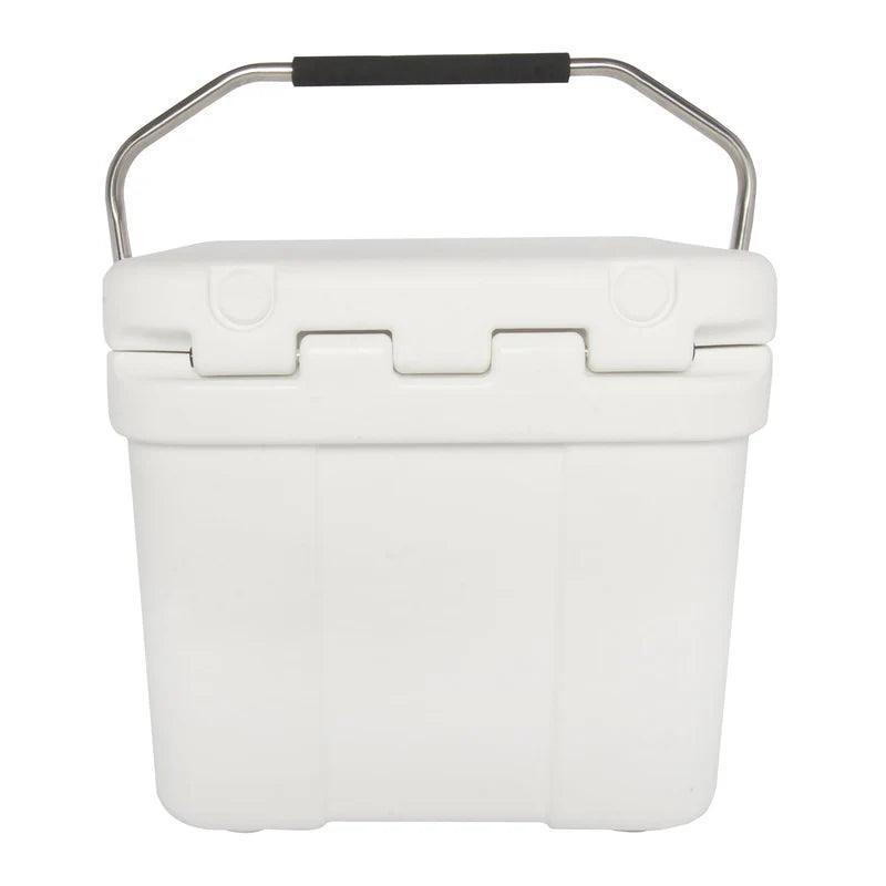 White hard-sided cooler box with black handle, closed lid, front view
