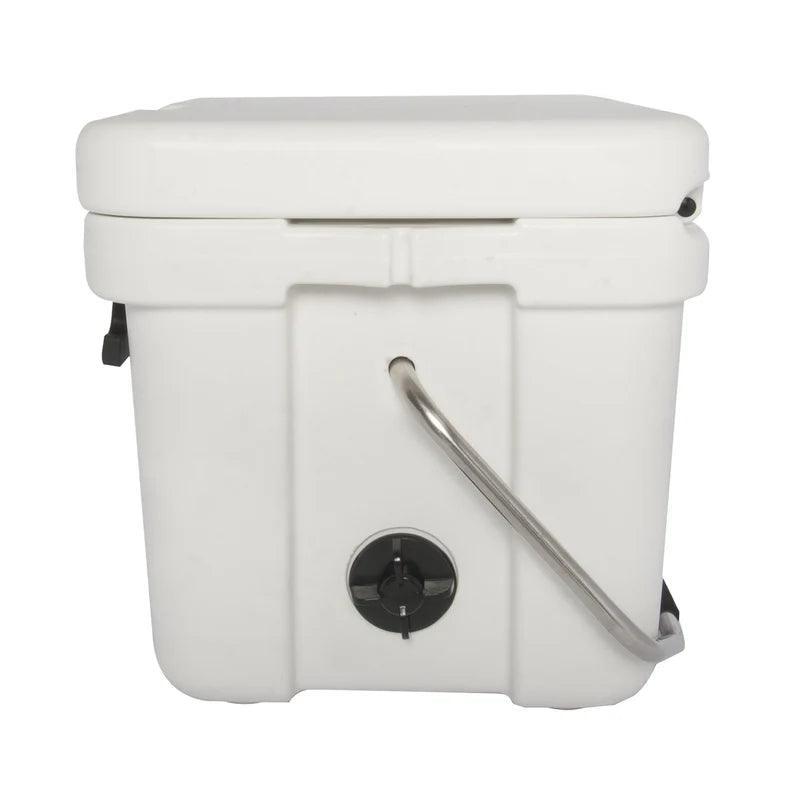 White hard-sided cooler with metal handle and drainage spout on a white background