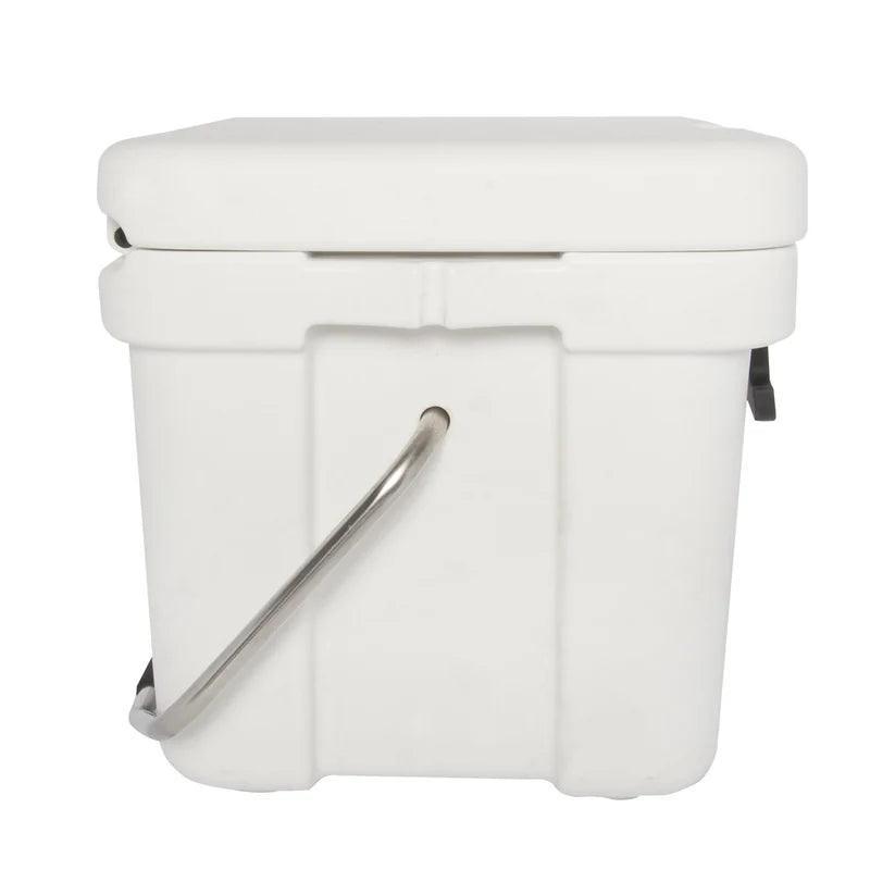 White hard-sided cooler with stainless steel handle on a plain background