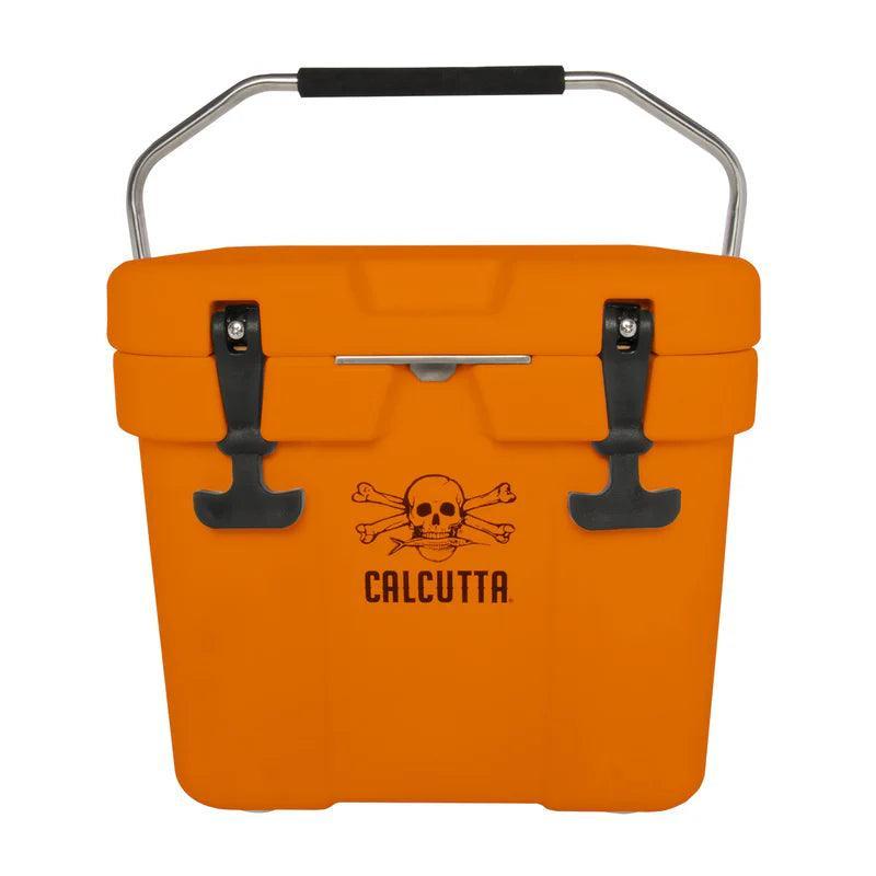 Calcutta orange cooler with skull and crossbones logo, metal handle and latches