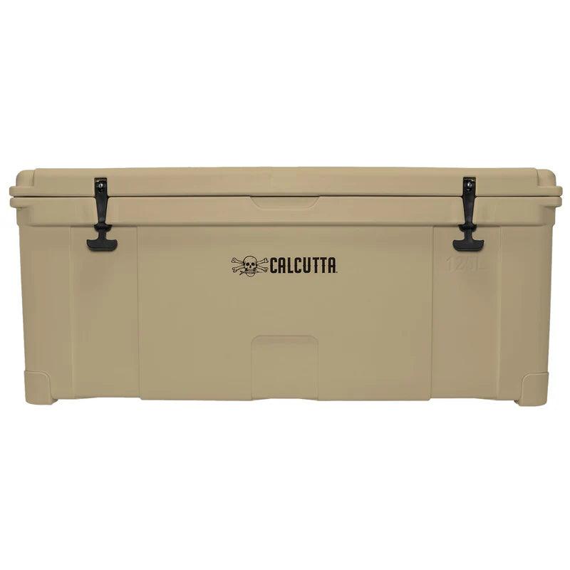 Tan Calcutta cooler chest with skull logo and black latches on plain background