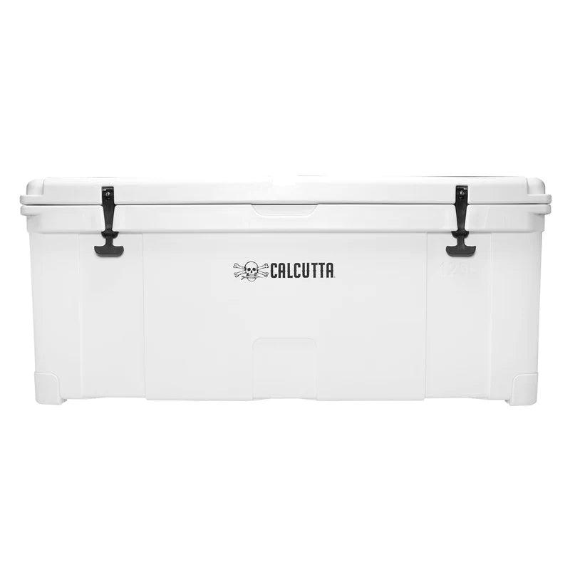 Calcutta white heavy-duty cooler with black latches and skull logo, front view