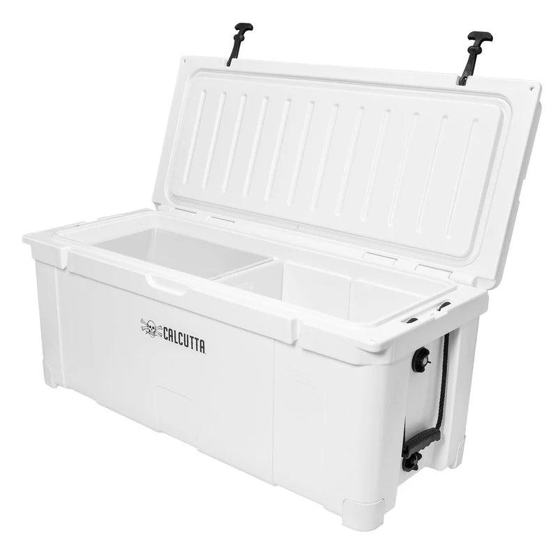 White Calcutta cooler with open lid and divided interior compartments