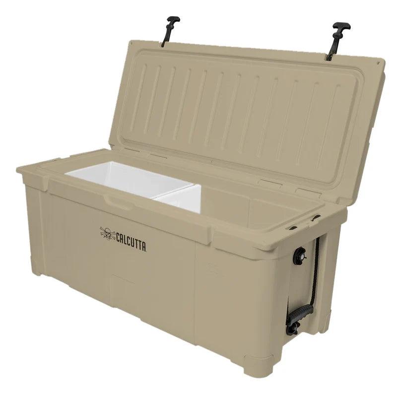 Tan Calcutta cooler with open lid and interior storage compartments