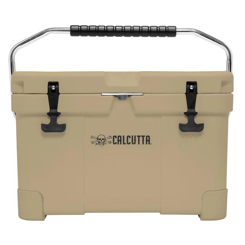 Calcutta tan hard cooler with black handle and latches, logo on front