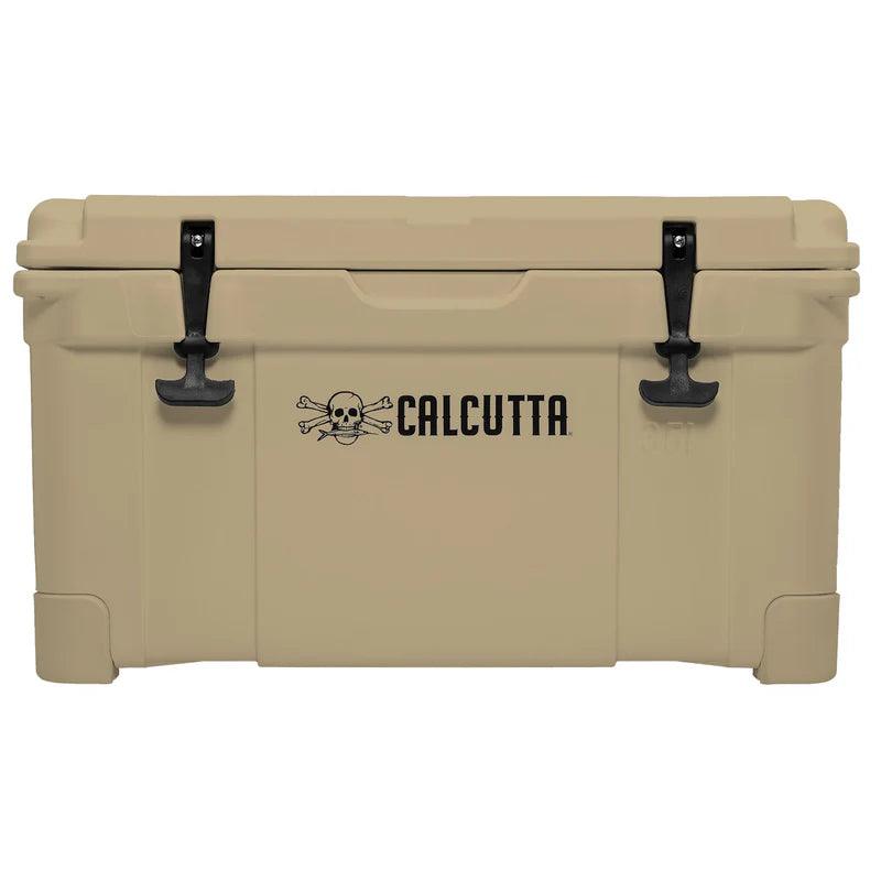 Tan Calcutta cooler with skull and crossbones logo, two black latches, front view