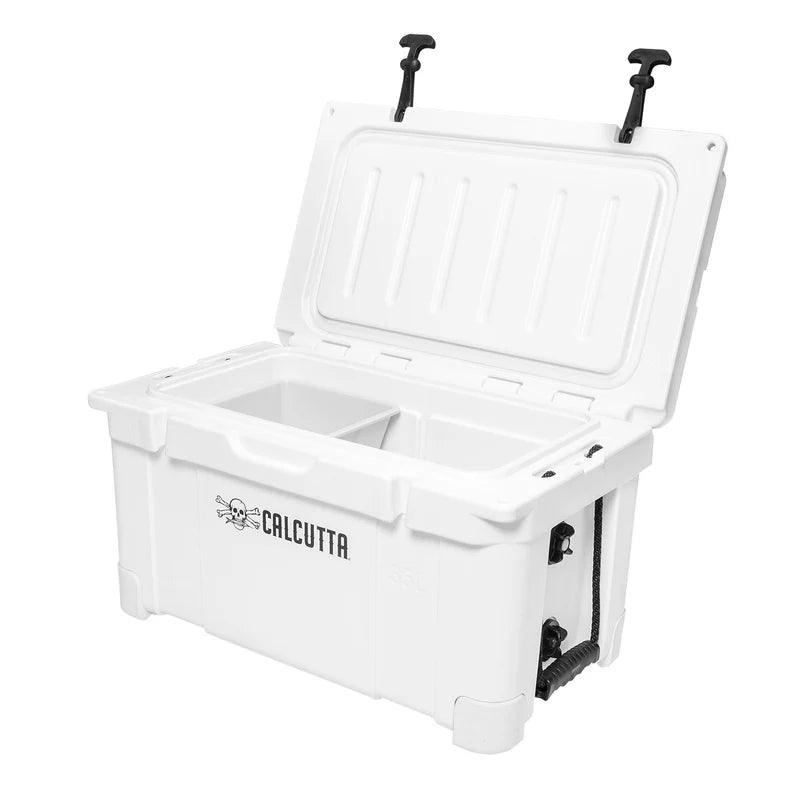 White Calcutta cooler with open lid and divided storage compartments