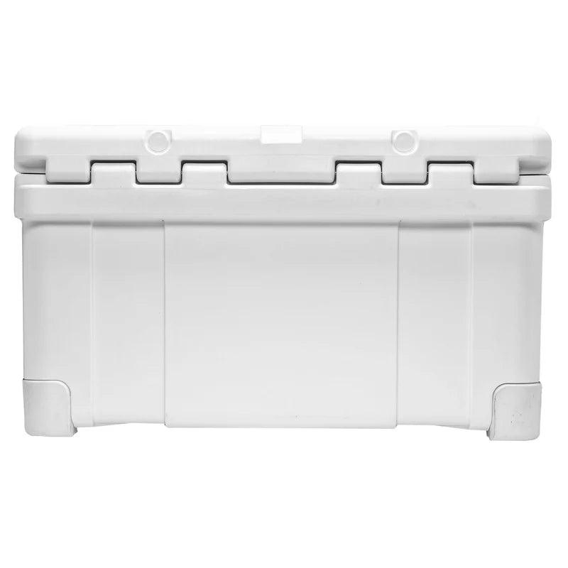 white hard cooler box back view with hinge design and reinforced corners