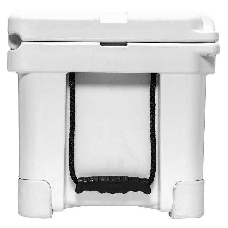 White rotomolded cooler with black rope handle, durable ice chest design