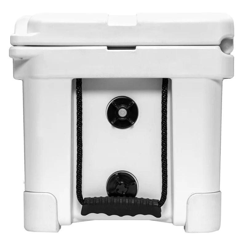 White rotomolded cooler with black rope handle and drain plug, front view