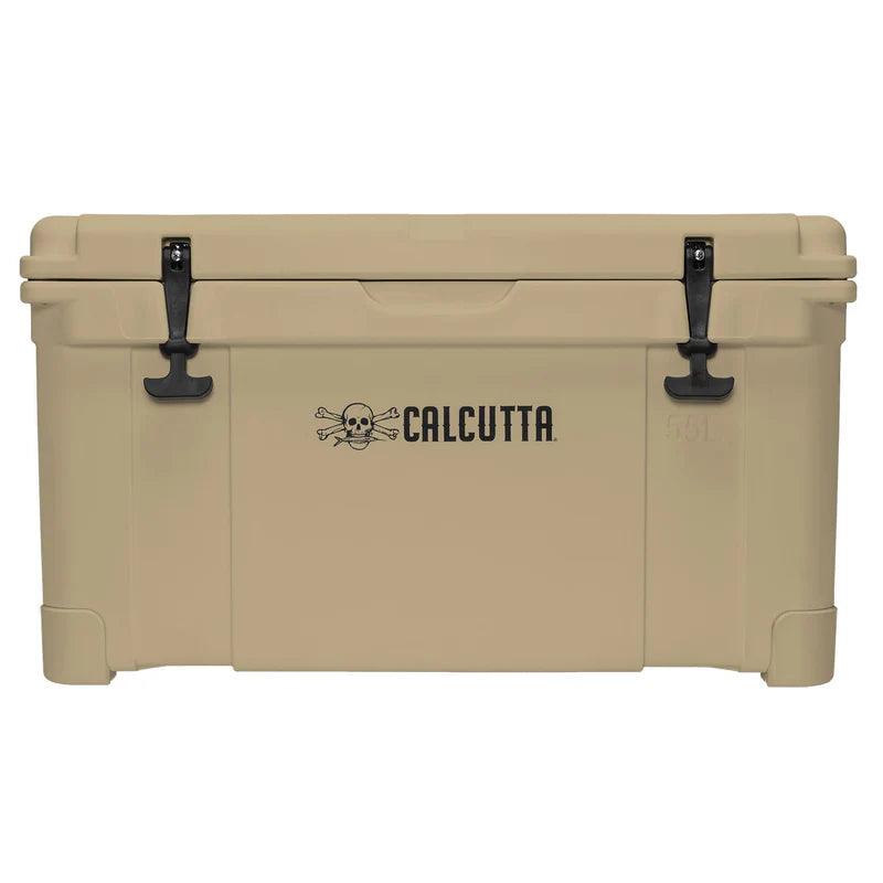 Beige Calcutta 55L cooler with black skull logo and heavy-duty latches, front view