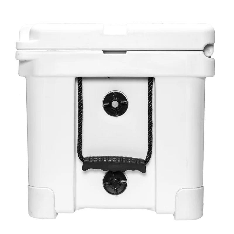 White hard-sided cooler box with black rope handle and round drain plug, studio background