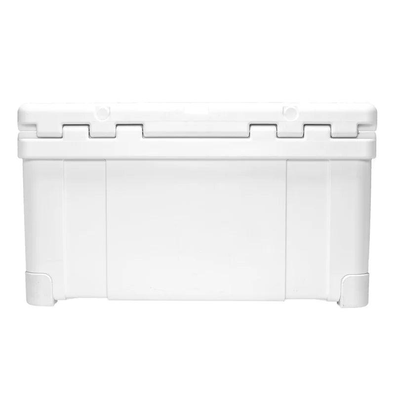 White hard-sided cooler box with secure lid, shown on plain white background.