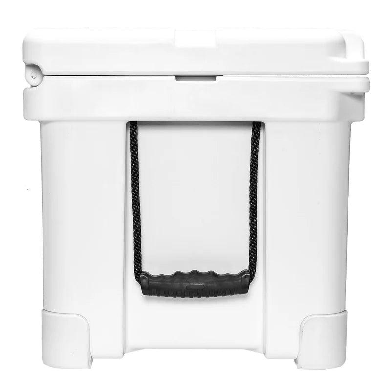 White hard-sided cooler box with black rope handle, isolated on white background