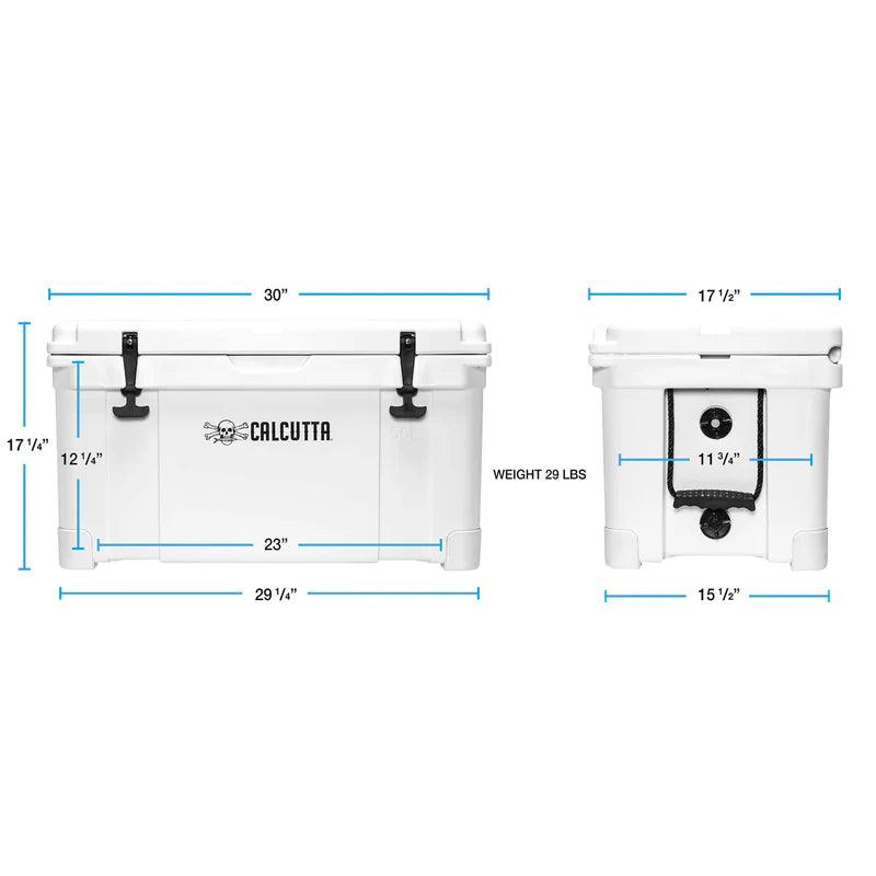 Calcutta 55L white cooler with dimensions and weight labeled, side and front views shown.