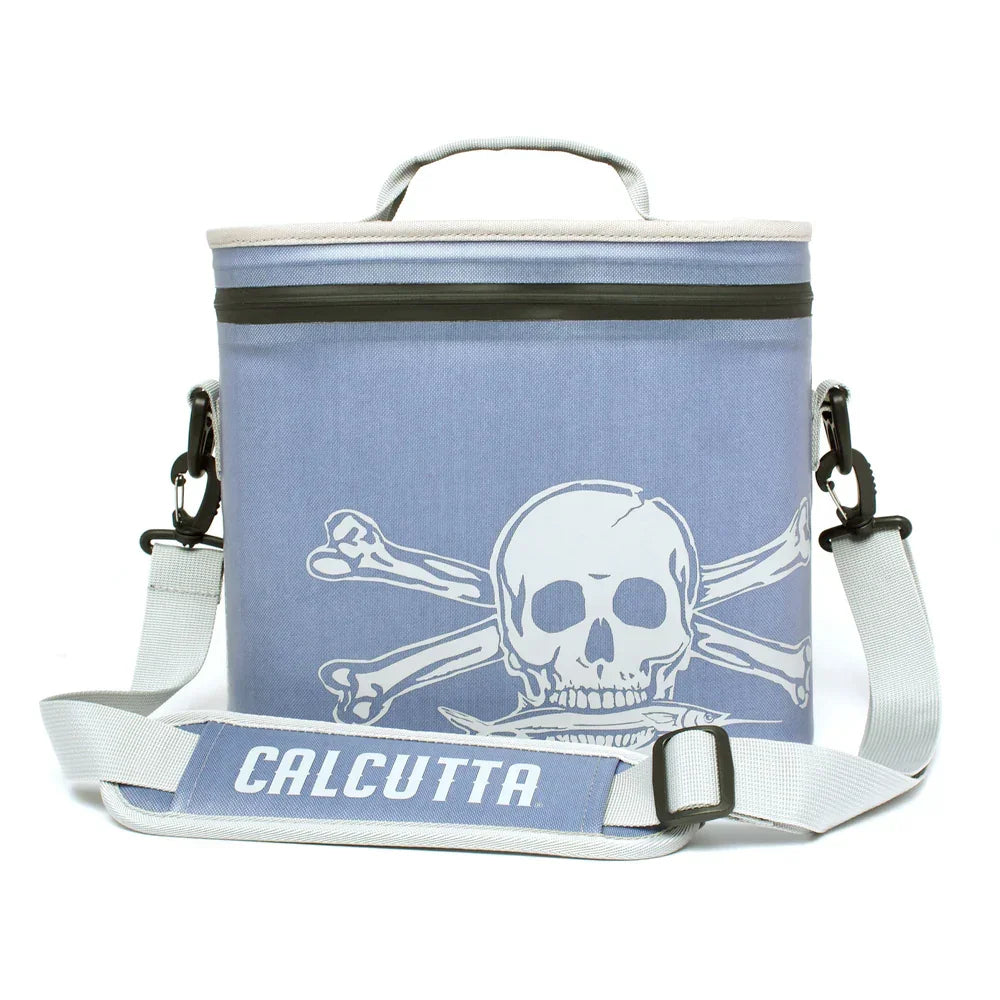 Calcutta soft cooler with skull and crossbones design, adjustable shoulder strap