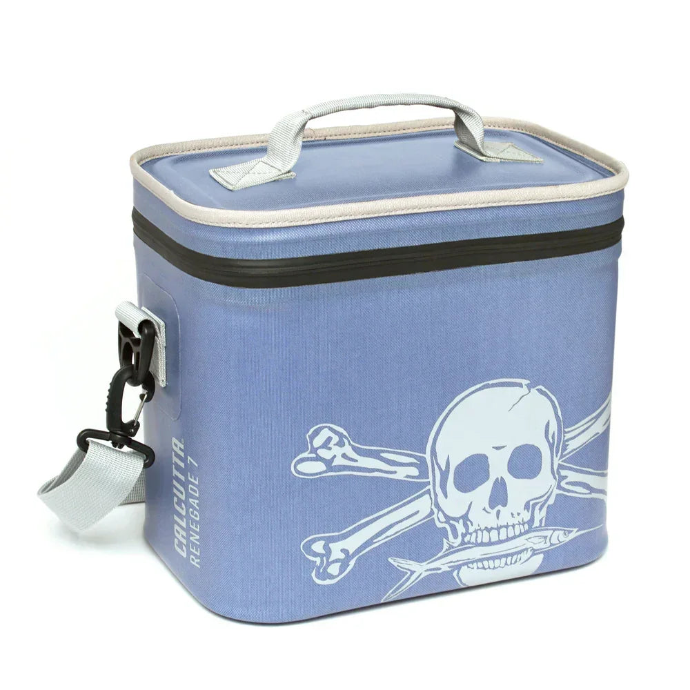 Blue Calcutta Renegade cooler bag with skull and crossbones fish graphic, carry handle