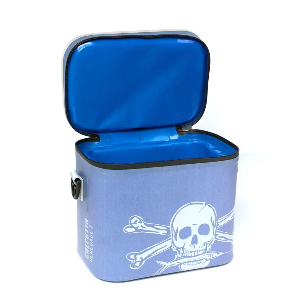 Blue Calcutta Renegade cooler bag with skull and crossbones graphic, open lid