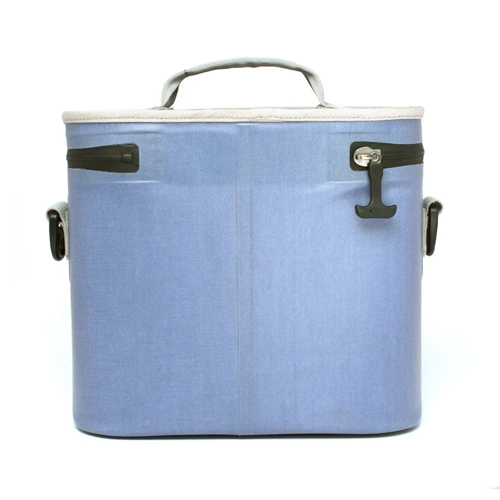 Light blue insulated cooler bag with zipper, handle, and latch on white background