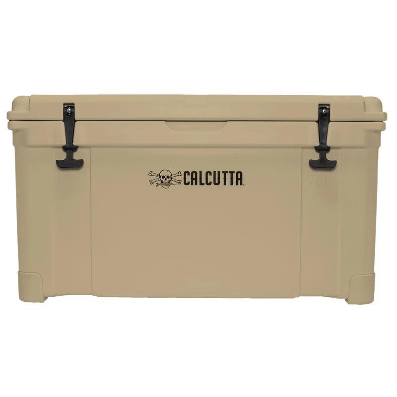 Tan Calcutta cooler with skull logo and black latches, outdoor ice chest