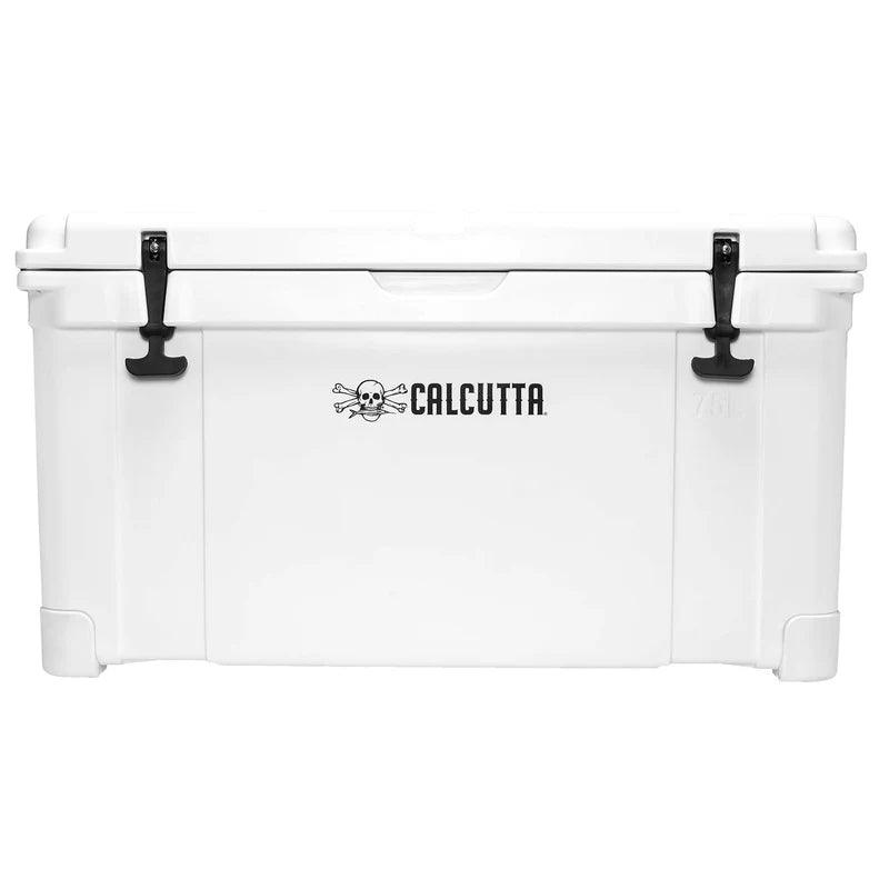 Calcutta white cooler box with skull logo and black latches, insulated outdoor ice chest