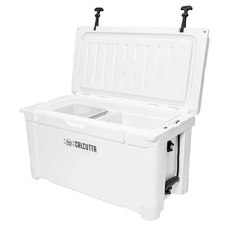 Open white Calcutta cooler with divided interior and black handles
