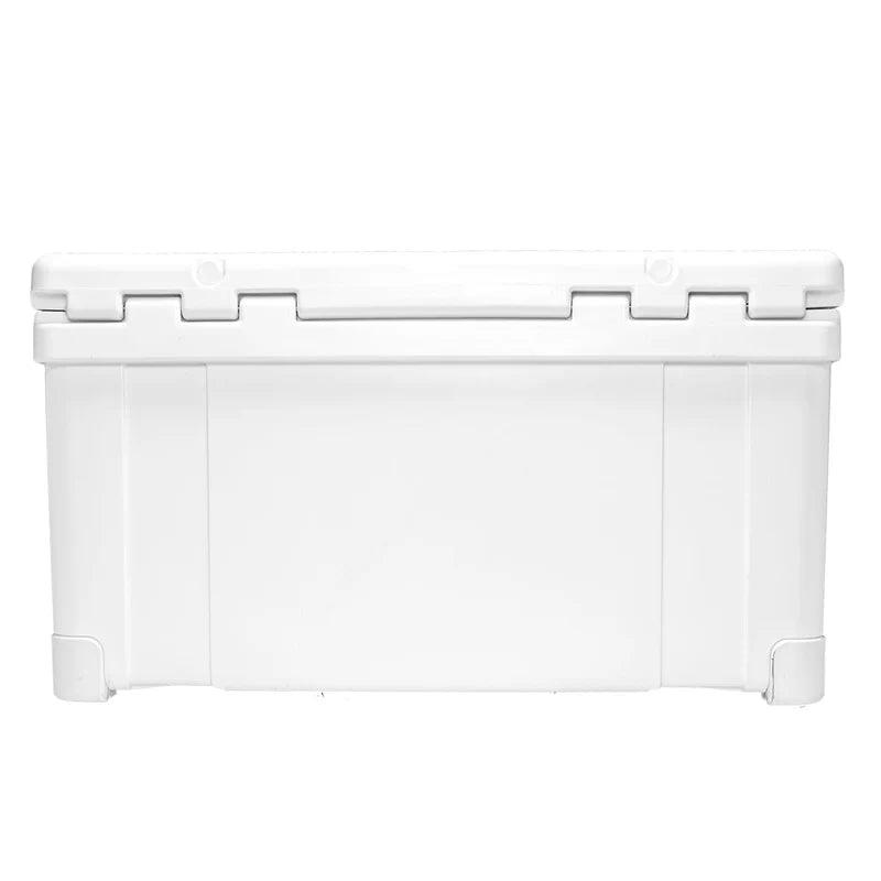 White hard plastic cooler box with hinged lid on white background